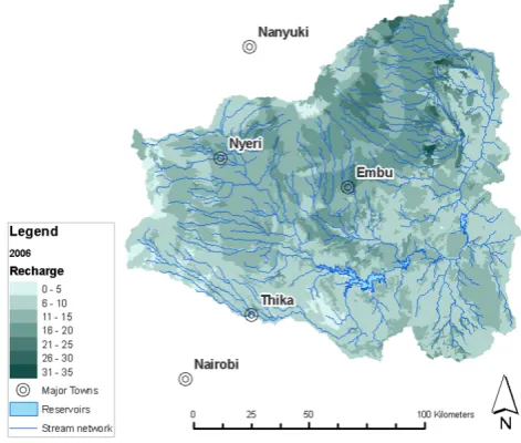Fig. 6.Spatial distribution of relative increase in groundwaterrecharge for the contour strips scenario in Upper Tana, Kenya.