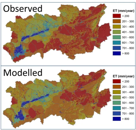 Fig. 9. Comparison observed (SEBAL) and modelled (SWAT) cal-ibration results. Ellipses A to E show areas where model differsfrom observations.