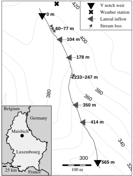 Fig. 1. Map of the studied stretch of the Maisbich. The isohypseshow the altitude above mean sea level