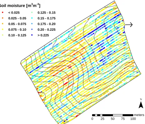 Fig. 1. Maps of soil moisture point-values retrieved by GPR inver-sions from the ﬁeld acquisition in Marbaix, 15 April 2009