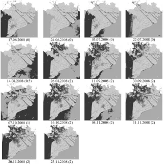 Fig. 2. Flood extent maps derived from ASAR used for model calibration. The numbers in the brackets indicate the weights assigned for theindividual map in the calibration process (cf
