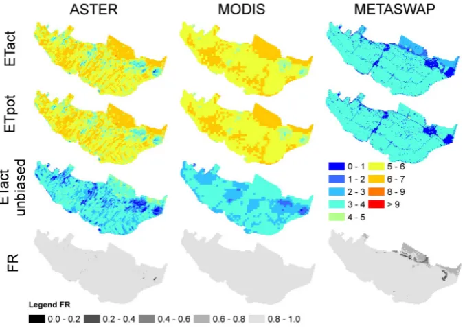 Fig. 3. Spatial plot of ET5 Figure 3. Spatial plot of ETact and ETpot [mm d-1] as derived by SEBAL from ASTER and 6 MODIS images and by MetaSWAP as well as the bias corrected ETact SEBAL images and act and ETpot [mm d−1] as derived by SEBAL from ASTER and MODIS images and by MetaSWAP as well as thebias corrected ETact SEBAL images and FR for 8 June 2006.