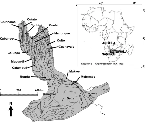 Fig. 1.Okavango River showing the modeled sub-basins. Most of the gauged sub-basins are labeled with arrows and the insert shows the location within Africa