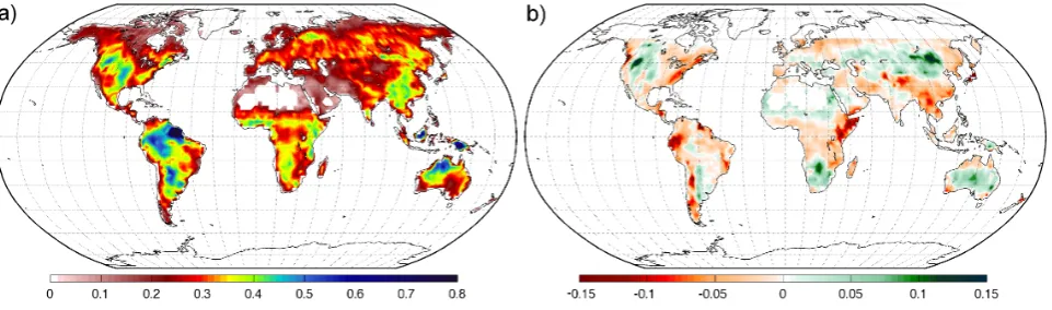 Fig. 3. Results of the triple collocation error analyses: (a) absolute error of the evaporation anomalies of GLEAM expressed as RMSE,(b) difference between the RMSE of the evaporation anomalies of GLEAM when it is run with CMORPH and when it is run with GP