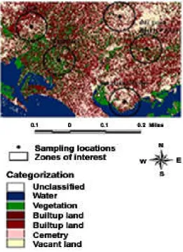 Fig. 1. Subset of rectified land-use image of Karachi layered with selected sampling points and surrounded buffer zones  