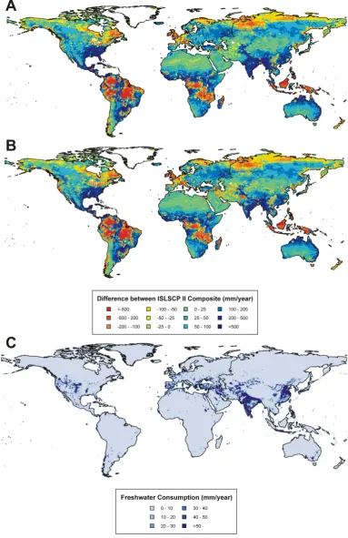 Fig. 4. (A) – Difference in LPX mean annual runoff (mm year(B)(mm year−1) from the ISLSCP II composite dataset for the period 1986–1995