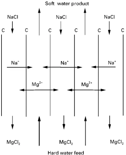 Figure 3. A brine of NaCl and hard feed water Sowcountercurrent. The diffusion of Na# ions from the