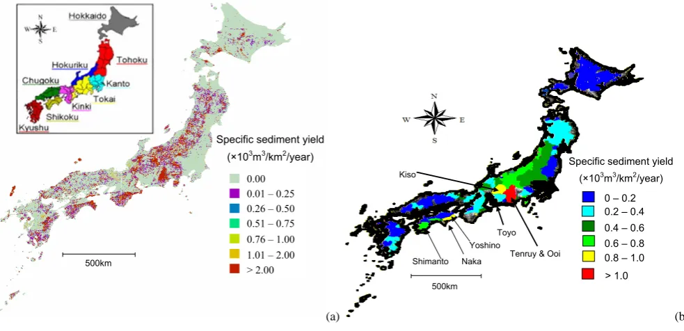 Fig. 5. Spatial distribution of speciﬁc sediment yield: (a) at a 1-km grid resolution, (b)Figure 5