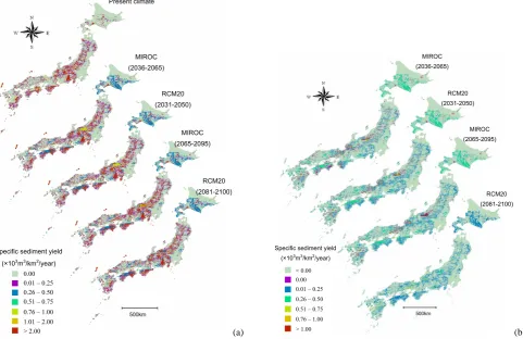 Fig. 6. Speciﬁc sediment yield distribution under a changing climate:124 Figure 6. Specific sediment yield distribution under a changing climate: a) specific sediment 25 yield for different climate change scenarios, b) specific sediment yield change as com