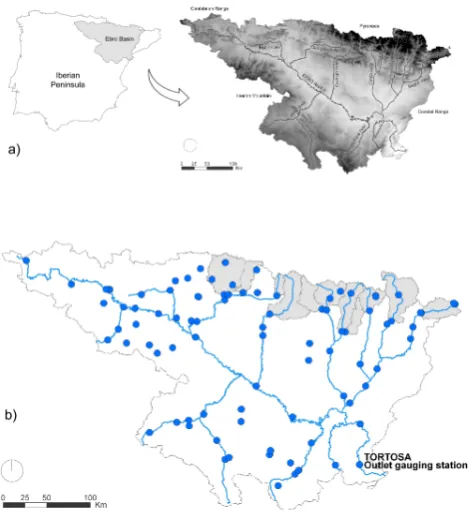 Fig. 1. Study area.tributaries of the Ebro River. (a) relief of the Ebro River basins and main (b) Gauging station network, and areasincluded as Pyrenean headwaters (in grey color).