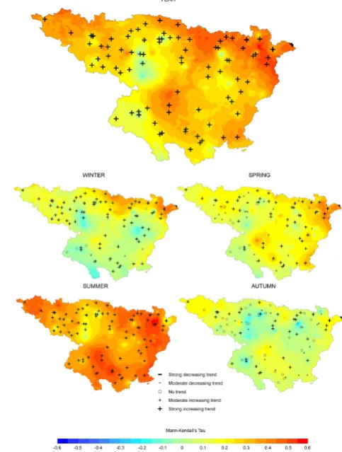 Fig. 3. Trend of annual and seasonal temperature for the Ebro basinshow the sign of the trend for the average temperature in the areaduring the studied period (1950–2006)