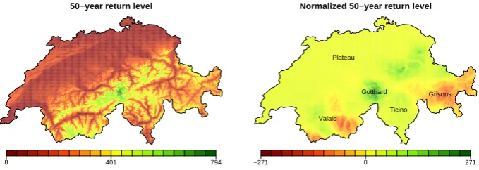 Fig. 8. 50-year return level map (left panel) and regional variability after removing the altitudinal effect (right panel) with the smooth GEVFig