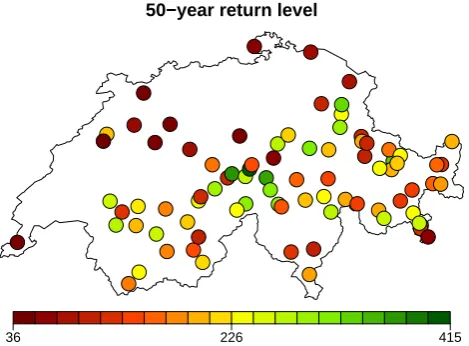 Fig. 4. Pointwise 50-year snow depth return level map (in centimeters). Pointwise 50-year snow depth return level map (in centime-ters).