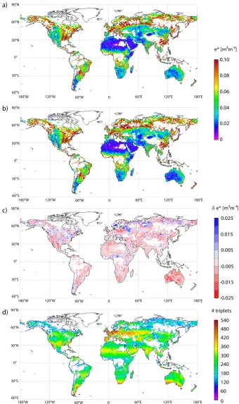 Fig. 3. (a) Spatial errors e∗PAS obtained with a combination of ASCAT, AMSR-E C-band, and ERA-Interim