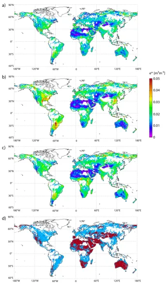 Fig. 1. Spatial errors ofclimatology of ERA-Interim. (a) ASCAT, (b) AMSR-E C-band, and (c) ERA-Interim surface soil moisture estimates