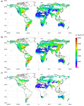 Fig. 2. Spatial errors e∗PAS of (a) AMSR-E C-band, (b) AMSR-E X-band, and (c) SSM/I Ku-band observations obtained with triple colloca-tion based on ERA-Interim, ASCAT, and the respective radiometer dataset