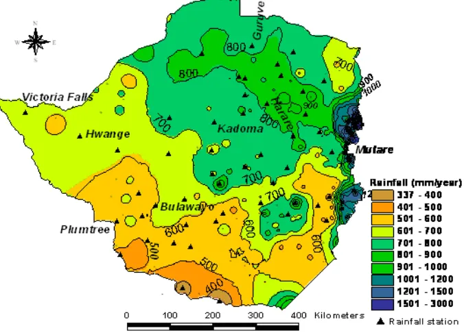 Fig. 1. Location of the 40 stations selected for analysis and the spatial variation of average annual rainfall in Zimbabwe.Figure 1: Location of the 40 stations selected for analysis and the spatial variation of average annual rainfall in Zimbabwe
