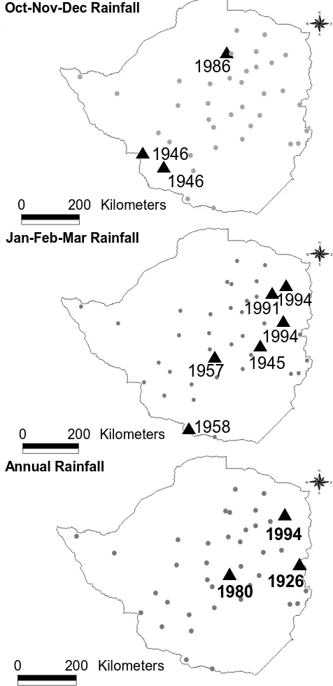 Figure 4: Location of stations (triangles) where change points were identified and $