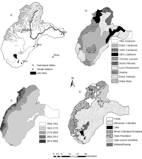Figure 3:  a) Drainage network, b) Soil map, c) Topographic elevation m.a.s.l and d) Generalized land use map of Meki River CatchmentFig