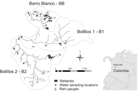 Fig. 1. Location of study site and the three small headwater catch-ments compared. The detailed map shows he wetlands found ineach of the three catchments.