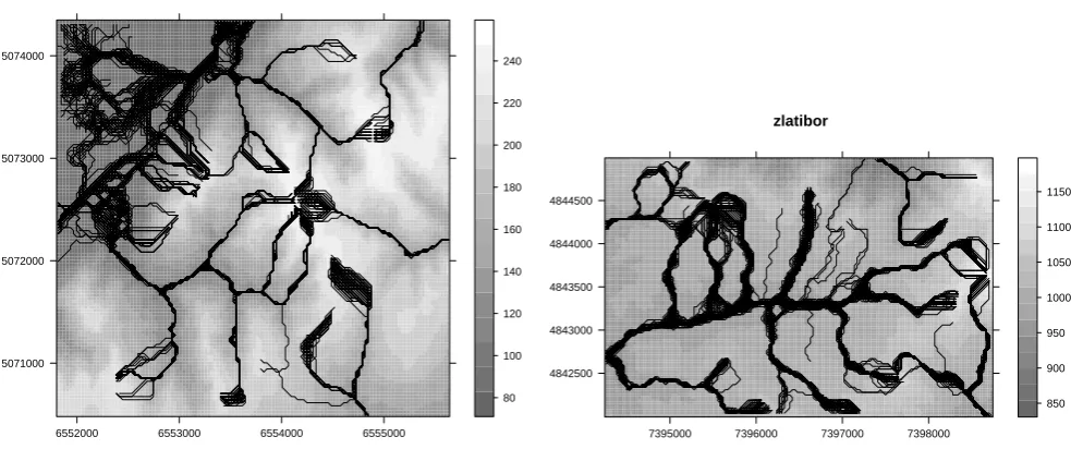 Fig. 6. Propagated error of mapping streams estimated using Eq. (5); visualized in SAGA GIS: (a) Baranja hill case study; (b) Zlatibor casestudy
