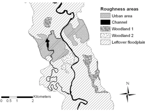 Fig. 3.Figure 3. Layout of the spatial roughness distribution in the computational domain considered  Layout of the spatial roughness distribution in the computa-tional domain considered for the case of study (woodland 1: decid-uous forest, woodland 2: low forest interspersed with agriculture).