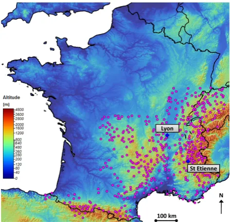 Fig. 1. Localisation of the 478 rain gauges used in this study (Lyonand St Etienne en D´evoluy rain gauges are highlighted).