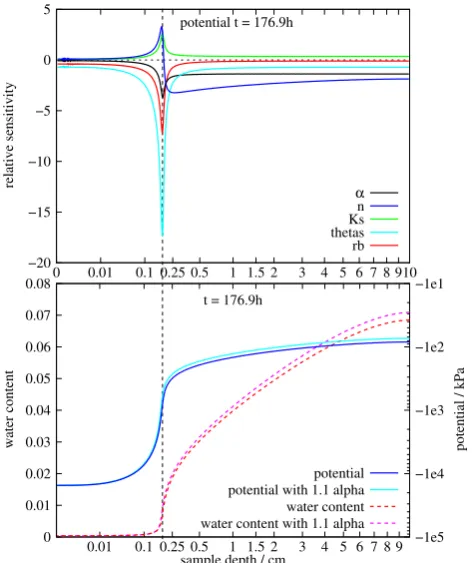 Fig. 11. Relative sensitivityables atﬁles for the undisturbed parameters as well as with10 % (bottom) illustrate the source of the huge sensitivity peaks atz s(z,t) of the potential ψm on all vari- t=176.9 h (top).The potential and water content pro- α cha