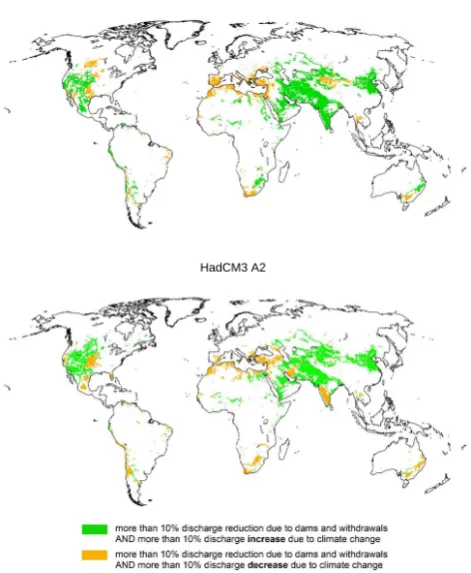 Fig. 8. Areas with signiﬁcantly reduced long-term average annualdischarges due to dams and withdrawals, where discharge increasedue to climate change until 2055 may either provide opportunitiesfor ecologically advantageous management of river ﬂows (in gree