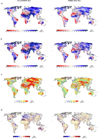 Fig. 2. Impact of climate change on river discharge: percent change of long-term average annual river discharge, ILTA (a), seasonal ﬂowamplitudes, ISA (b), seasonal ﬂow regimes, ISR (c) and shift of the month with maximum ﬂow, ITS, in months (d), between 1