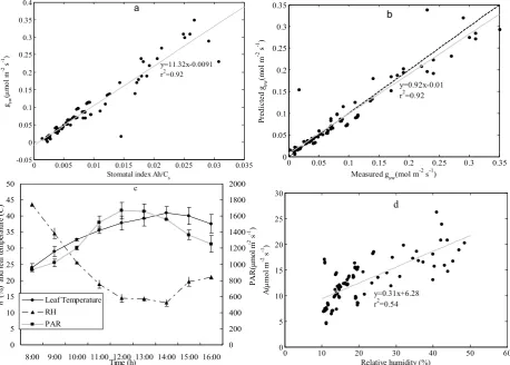 Fig. 4 ) Relationship between stomatal conductance and the stomatal index (. Calibration of the BWB model (a) Relationship between stomatal conductance Ah/C; (b) Linear regression