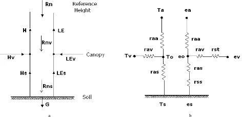 Fig. 1. Energy balance (a) and resistance network (b) of the two-layer model.