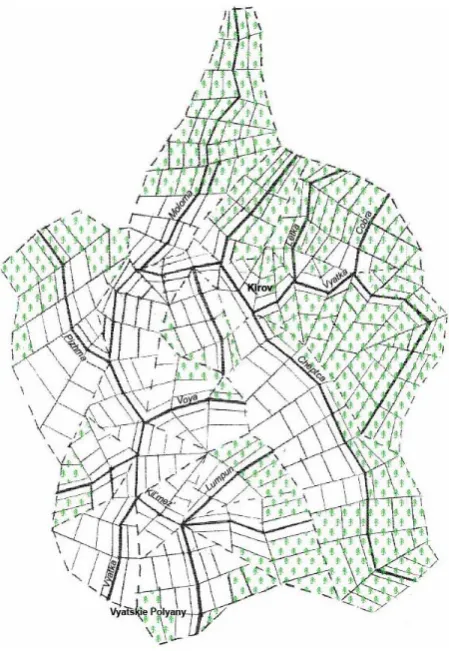 Fig. 8. Finite-element schematization of the Vyatka River basin (bold lines represent the channel network; thin lines represent the boundaries of finite elements; green labels mark the forested elements)