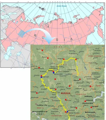 Fig. 1. Location of the study region (red points – meteorological gauges; blue points – hydrological gauges)
