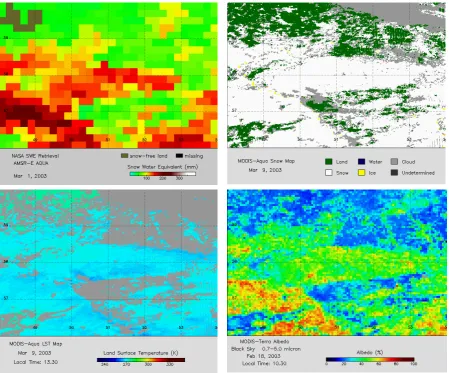 Fig. 3.3  The satellite-derived maps of SWE, SCA, land surface temperature and albedo for the study area.Fig
