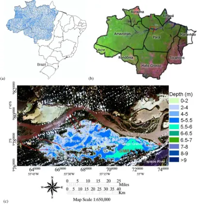 Fig. 1. (a) Location of the Legal Amazon region in Brazil,and (c) Location of the Curuai Floodplain (red square in b) and location of the automatic environmental data collection buoy system SIMA at ‘Lago Grande’