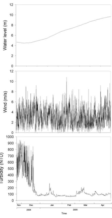 Figure 4: Time series of water level (m), wind intensity (ms1) and)-1) and turbidity (NTU)