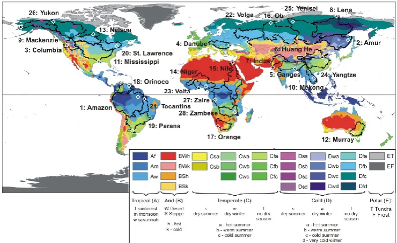 Fig. 1. The 28 largest and most important river basins worldwide (black polygons) with underlying K¨oppen-Geiger climate zones from1951–2000 (Peel et al., 2007) and gauging stations (white diamonds) of each basin that was used for the calibration of river 