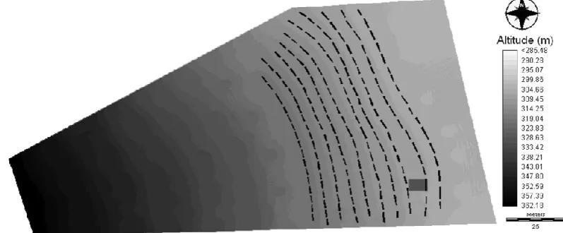 Fig. 1. Digital terrain model of the hillslope under study, with the installed inﬁltration trenches indicated in black and the selected ﬁeld plotas a grey square.
