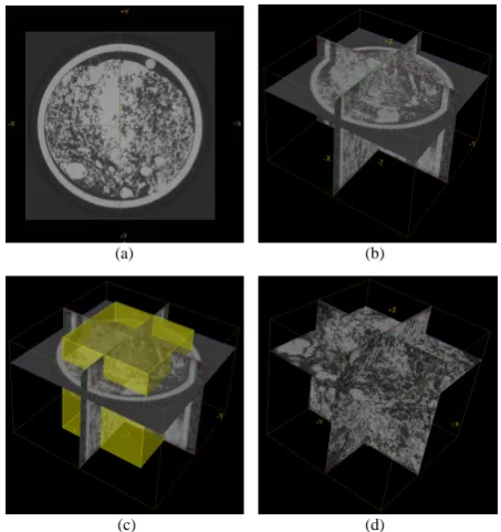 Fig. 1. (a)Figure 1.  a)interest, and  Pore space in 2-D section of the acquired image by CT, b) 3-D view of the pore space, c) selecting a 3-D cuboid region of interest, and d) 3-D cropped image with a size of 900 × 900 × 720 voxels