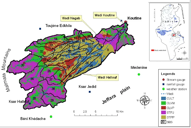 Fig. 1. Study watershed location and monitoring network (OLVM: Olives of the mountains (jessour); OLVP: Olives of plains (tabias); STPJ: Rangelands of the mountains; STPP: Rangelands of the plains; CULT: Cereals; SBS: Subbasin boundaries).Figure 1. Study watershed location and monitoring network (OLVM: Olives of the mountains 