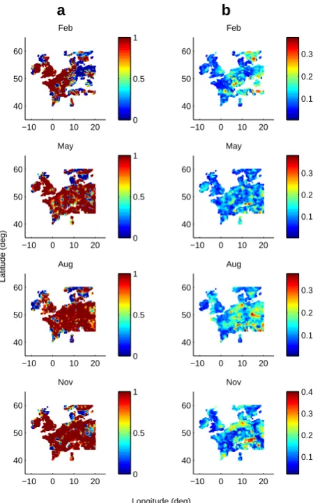 Fig. 5. (a) The plots show LAM acceptabilities for selected monthsin each season, where a maximum of 1 is attributed to a simula-tion that falls within the interval [0.9 RS1, 1.1 RS2] while a Gaus-sian function is applied outside that interval ±σ on either
