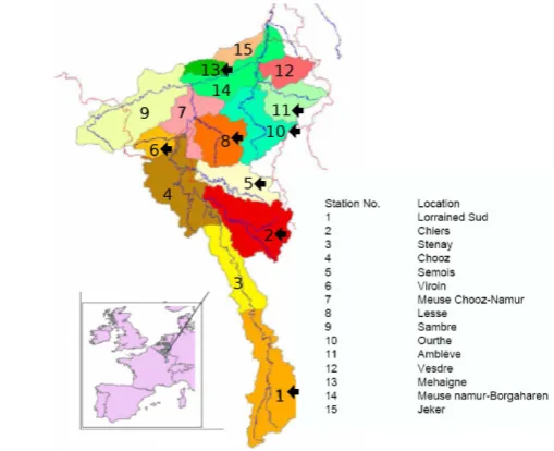 Fig. 2. The Meuse River basin and the sub-basins divisions up-stream of Borgharen. The arrows represent the regions for whichHBV-S model were replaced by ANNs (Scheme 2).