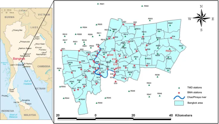 Fig. 1. Location of the study area and the rain gauge stations network.