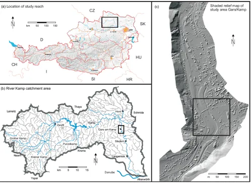 Fig. 2. (a) Map of Austria including the river Kamp system; (b) catchment area of the river Kamp with main tributaries (E 15◦26′, N 48◦32′;extension: 47 km×23 km); (c) River section (Gars am Kamp), shaded relief map of the Digital Surface Model.