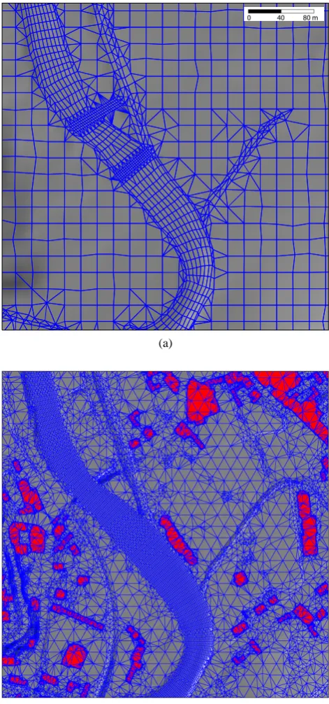 Fig. 5. Computation grid of two geometry variants I and II forHN modelling, Gars/Kamp, Lower Austria; (a) Geometry I: regular20×20 m2 grid, additional breaklines for description of river bankand weir channel, river bed: structured grid; (b) Geometry II: hybridgrid derived from 1 m LiDAR DTM-W via adaptive TIN reﬁnementand subsequent mesh conditioning, river bed and river bank: struc-tured grid (post spacing 5 m in ﬂow direction and 2 m perpendicularto it), over bank area: unstructured grid: maximum height tolerance�zmax=±20 cm, buildings in red.