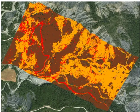 Fig. 13. Classiﬁcation results: LAND (dark brown), ROAD (red),ROCK (orange) and VEGETATION (dark green).