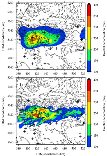 Fig. 7. Raingauge (a) and radar (b) rainfall ﬁelds at the event timescale for rainfall values greater than 100 mm