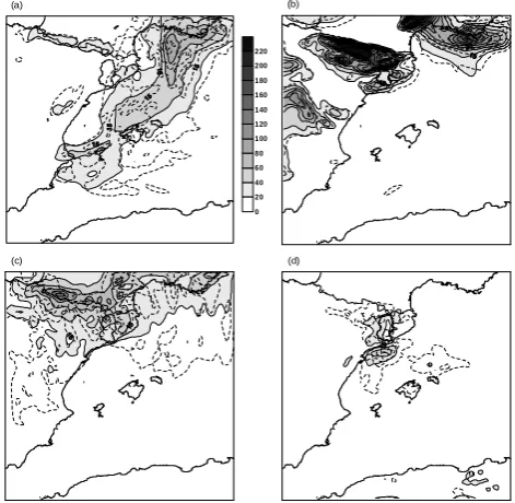 Fig. 10.Figure 10: Ensemble mean (shaded contours, in mm) and ensemble standard deviation (dashedline, in mm at 7.5 mm intervals) for the accumulated precipitation over the second MM5 compu-tational domain for: (a) 16-17 November 1996, (b) 17-18 December 1