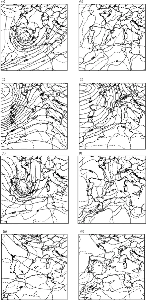 Figure 4: ECMWF forecast maps. Geopotential height (continuous line, in gpm) and tempera-ture (dashed line, inC) at 500 hPa for: (a) 17 November 1996 at 0000 UTC, (c) 18 December